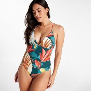 CALIA Swim Triangle Strappy Back One Piece: BOTANICAL PRINT SEA GREEN